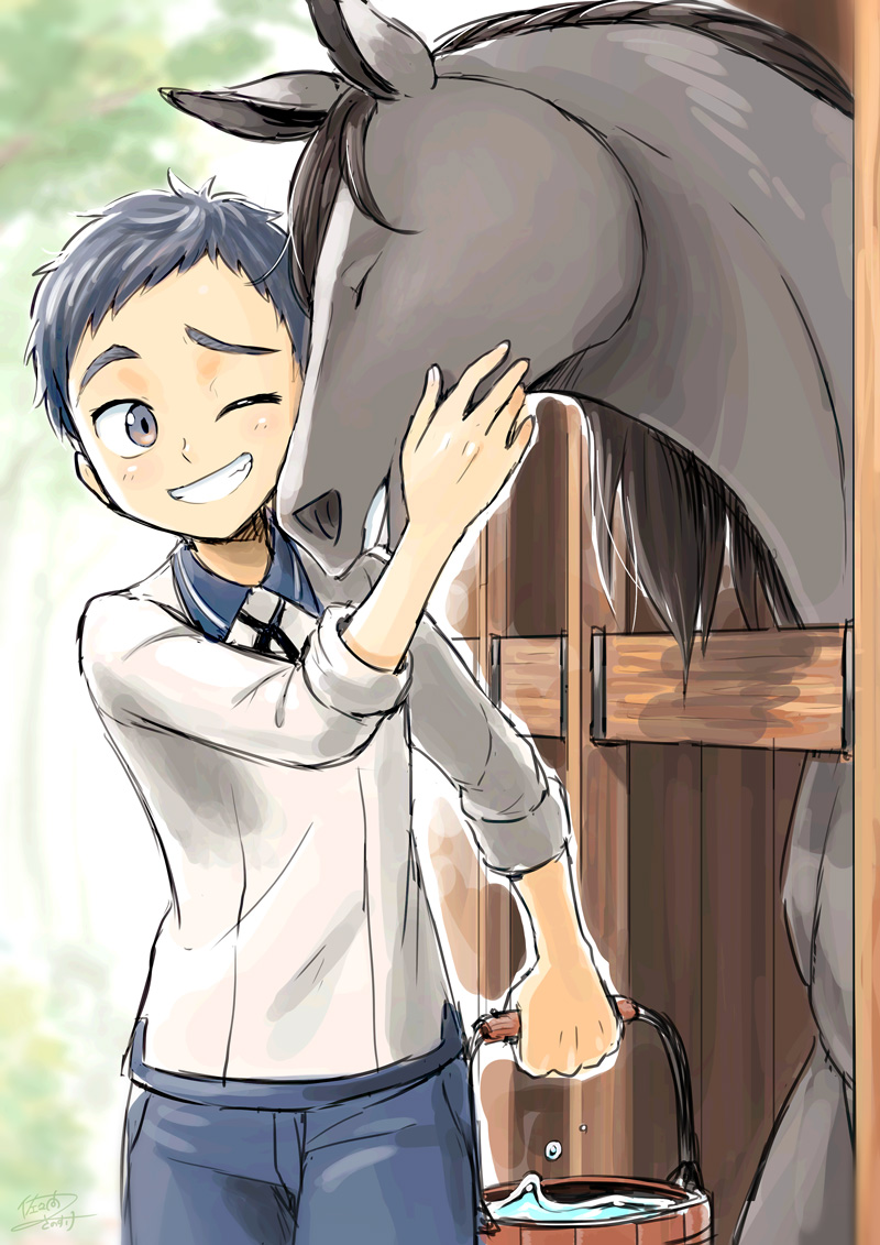 1boy animal atsushi_toushirou blue_hair bucket cowboy_shot eyebrows grin horse looking_at_another male_focus one_eye_closed petting sakuma_sanosuke short_hair smile stable thick_eyebrows touken_ranbu tree upper_body water