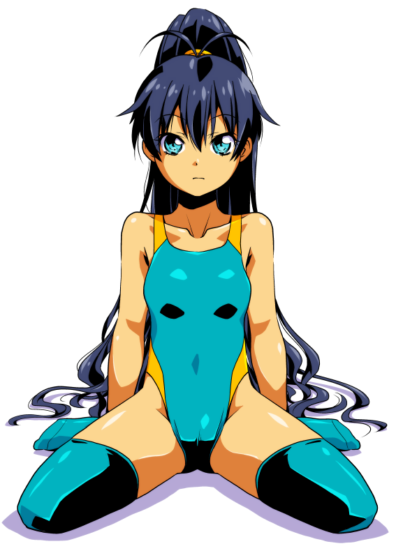 1girl antenna_hair aqua_eyes arms_at_sides black_hair blue_eyes competition_swimsuit expressionless full_body ganaha_hibiki high_ponytail idolmaster long_hair looking_at_viewer one-piece_swimsuit ponytail simple_background sitting solo swimsuit thigh-highs tommy_region very_long_hair wariza white_background