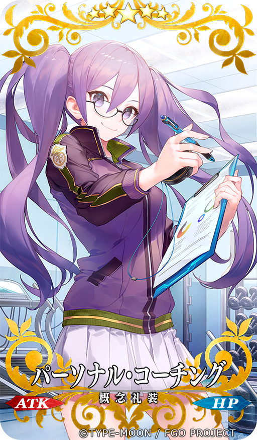 1girl black-framed_eyewear card_(medium) closed_mouth commentary_request cowboy_shot craft_essence dumbbell fate/grand_order fate_(series) glasses gym holding holding_pen jacket kodama_(wa-ka-me) long_hair long_sleeves looking_at_viewer miniskirt official_art paper pen pleated_skirt purple_hair purple_jacket sidelocks sion_eltnam_sokaris skirt smile solo standing track_jacket treadmill twintails violet_eyes watermark white_skirt