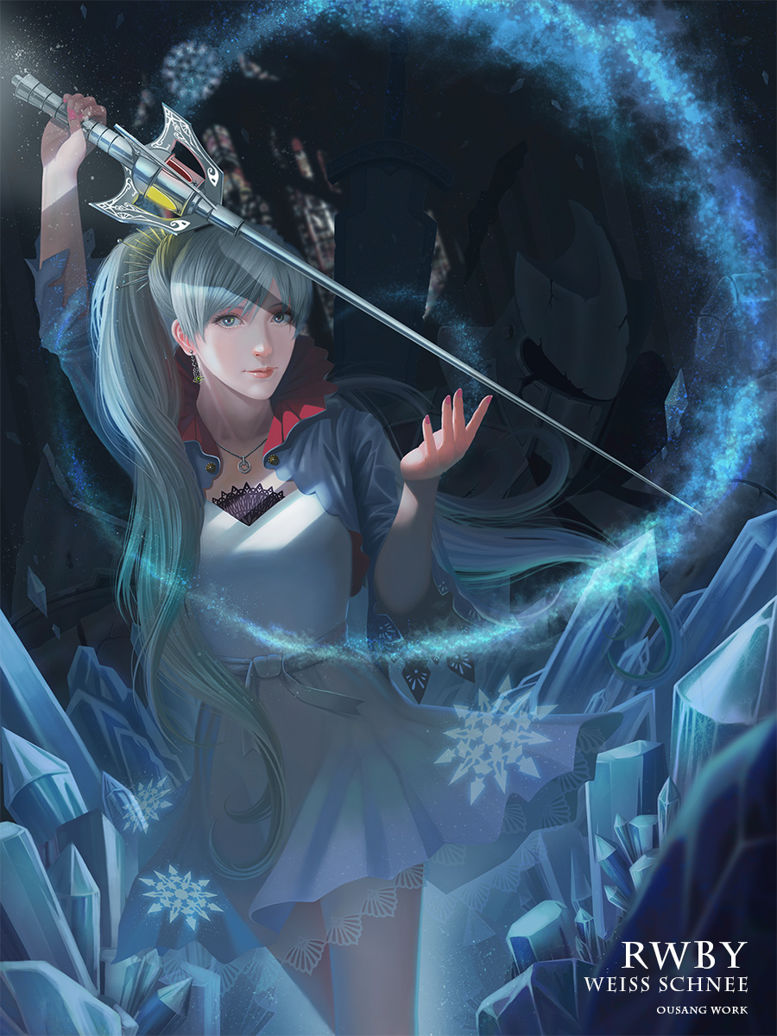 1girl armor blue_eyes dress earrings icicle jacket jewelry long_hair nail_polish necklace ousang rwby side_ponytail snowflakes solo sword weapon weiss_schnee white_hair