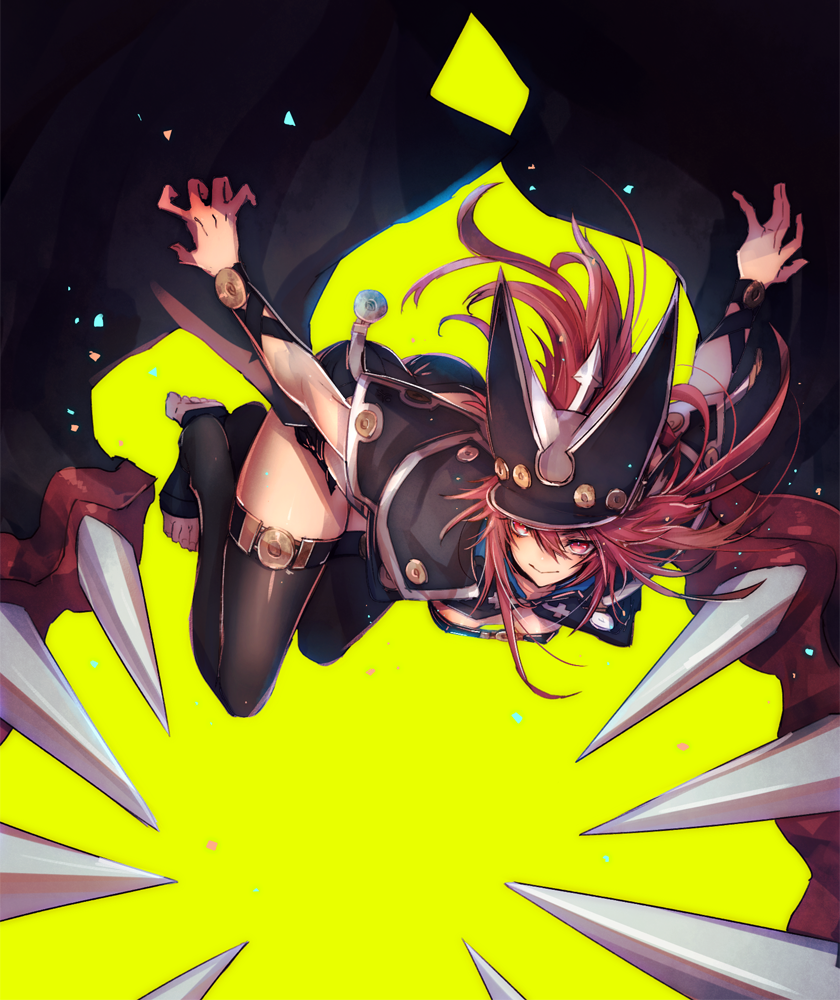1girl alternate_color alternate_hair_color arm_ribbon ass backlighting belt beltbra black_hat black_legwear black_shorts bloom breasts cape capelet chromatic_aberration claws cleavage closed_mouth dark_skin full_body guilty_gear guilty_gear_xrd hair_between_eyes hat legs light light_particles long_hair looking_at_viewer no_shoes o-ring_top orange_eyes oro_(sumakaita) ramlethal_valentine red_eyes redhead ribbon short_shorts shorts simple_background small_breasts smile solo spikes thigh-highs thigh_strap thighs toeless_legwear yellow_background