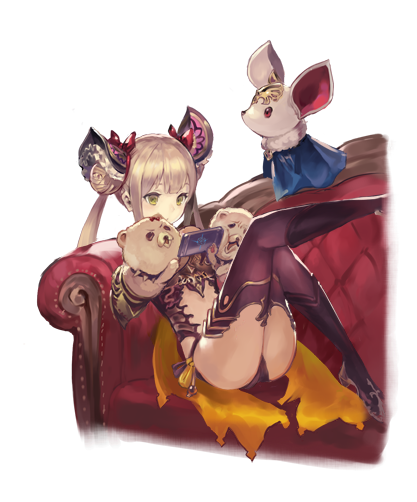 1girl armor ass bangs beads blonde_hair blunt_bangs boots bow breasts cerberus_(shingeki_no_bahamut) cerberus_(shingeki_no_bahamut)_(cosplay) cerberus_(shingeki_no_bahamut)_cosplay collar couch double_bun frills from_side full_body green_eyes hair_bow hair_ornament hand_puppet high_heel_boots high_heels holding indoors knee_up leaning_back leg_up long_hair looking_down luna_(shadowverse) midriff n.a. panties puppet purple_legwear purple_panties shadowverse shingeki_no_bahamut side-tie_panties sidelocks silver_hair simple_background sitting small_breasts spiked_collar spikes thigh-highs twintails underwear white_background yellow_eyes