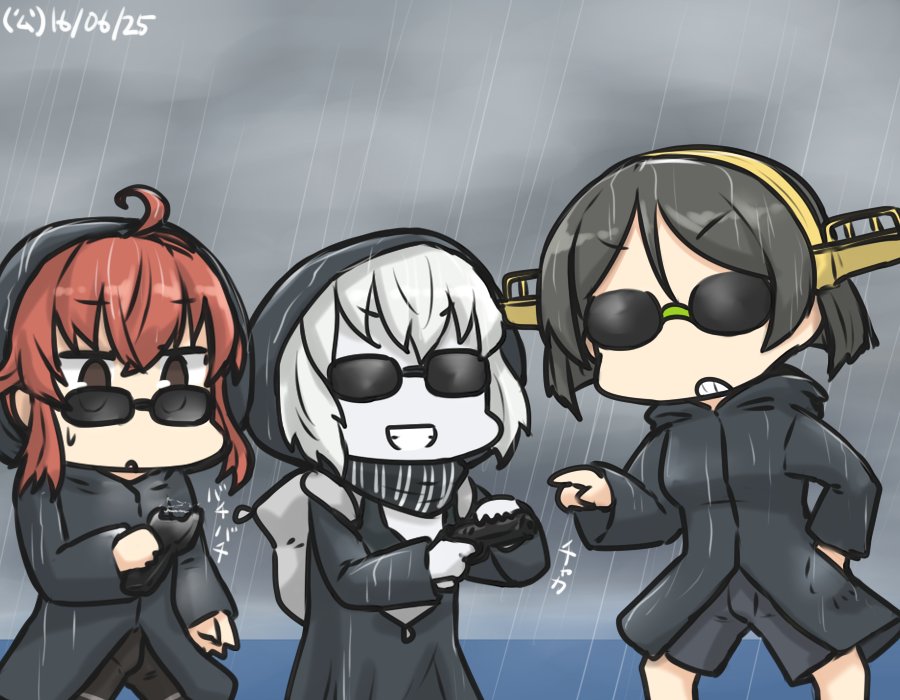 3girls ahoge arashi_(kantai_collection) black_hair commentary dated glasses green-framed_glasses gun gym_shorts hairband hamu_koutarou handgun headgear hood hooded_jacket hoodie horizon jacket kantai_collection kirishima_(kantai_collection) multiple_girls o-ring_top ocean pale_skin pistol rain raincoat re-class_battleship redhead scarf shinkaisei-kan short_hair shorts stun_gun sunglasses sweat taser weapon white_hair