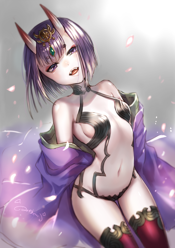1girl bangs bare_shoulders bob_cut breasts cowboy_shot eyebrows eyebrows_visible_through_hair fangs fate/grand_order fate_(series) from_above glowing grey_background hair_ornament head_tilt horns japanese_clothes jewelry kimono leaning_back lma looking_at_viewer navel off_shoulder oni oni_horns open_clothes open_kimono petals purple_hair revealing_clothes shade short_hair shuten_douji_(fate/grand_order) sideboob signature simple_background small_breasts smile solo teeth thigh-highs tongue violet_eyes