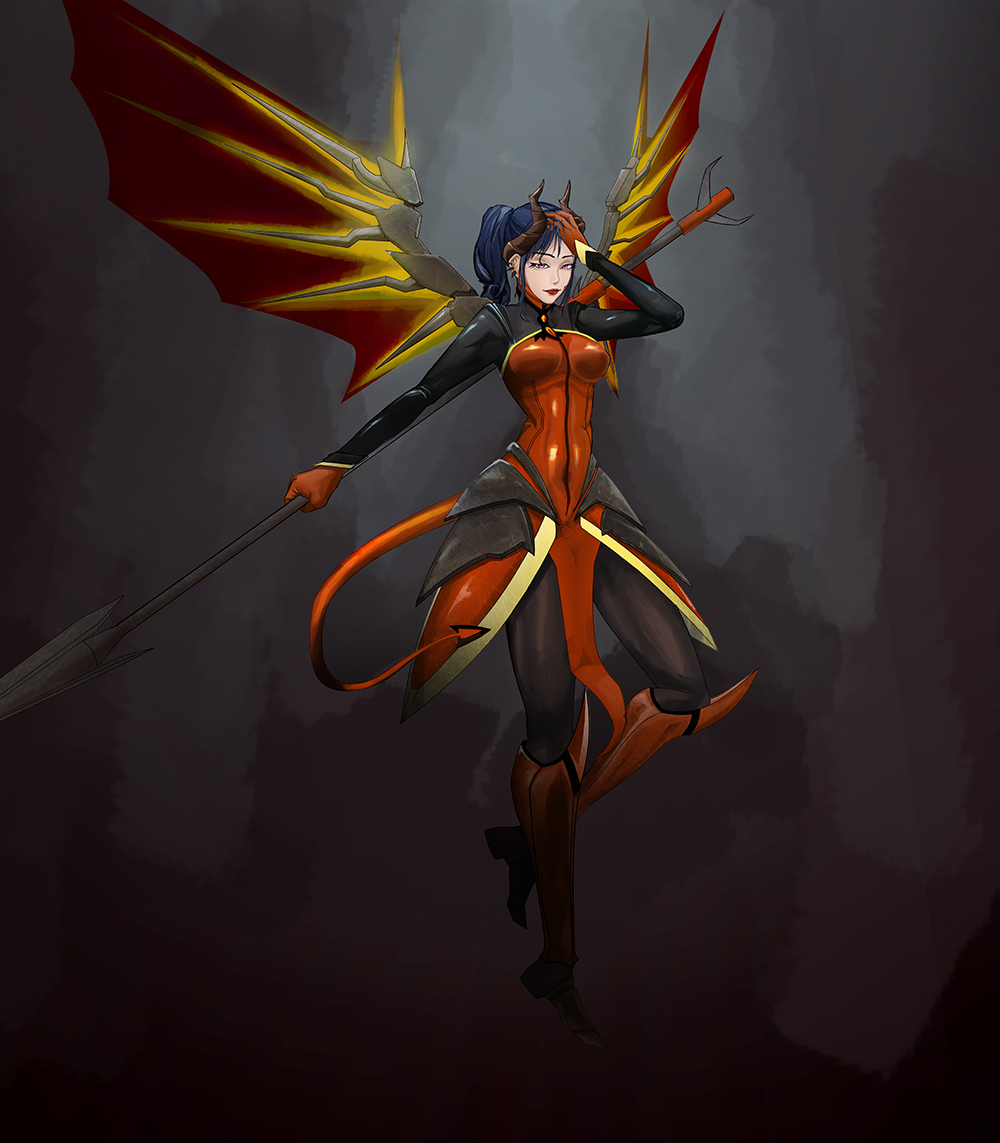 1girl alternate_costume blue_hair bodysuit breasts covered_navel dark_background dark_persona demon_horns demon_tail devil_mercy earrings eyelashes facial_mark floating forehead_mark full_body gloves hand_on_head high_ponytail holding holding_staff horns jewelry light_rays light_smile lips long_hair mechanical_wings medium_breasts mercy_(overwatch) nose outstretched_arm overwatch pantyhose red_eyes red_wings sleepingfox4 solo spread_wings staff sunbeam sunlight tail wings