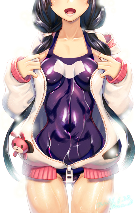 1girl black_hair blue_eyes ecell head_out_of_frame jacket long_hair mabinogi mabinogi_heroes open_clothes open_jacket open_mouth school_swimsuit standing swimsuit zipper