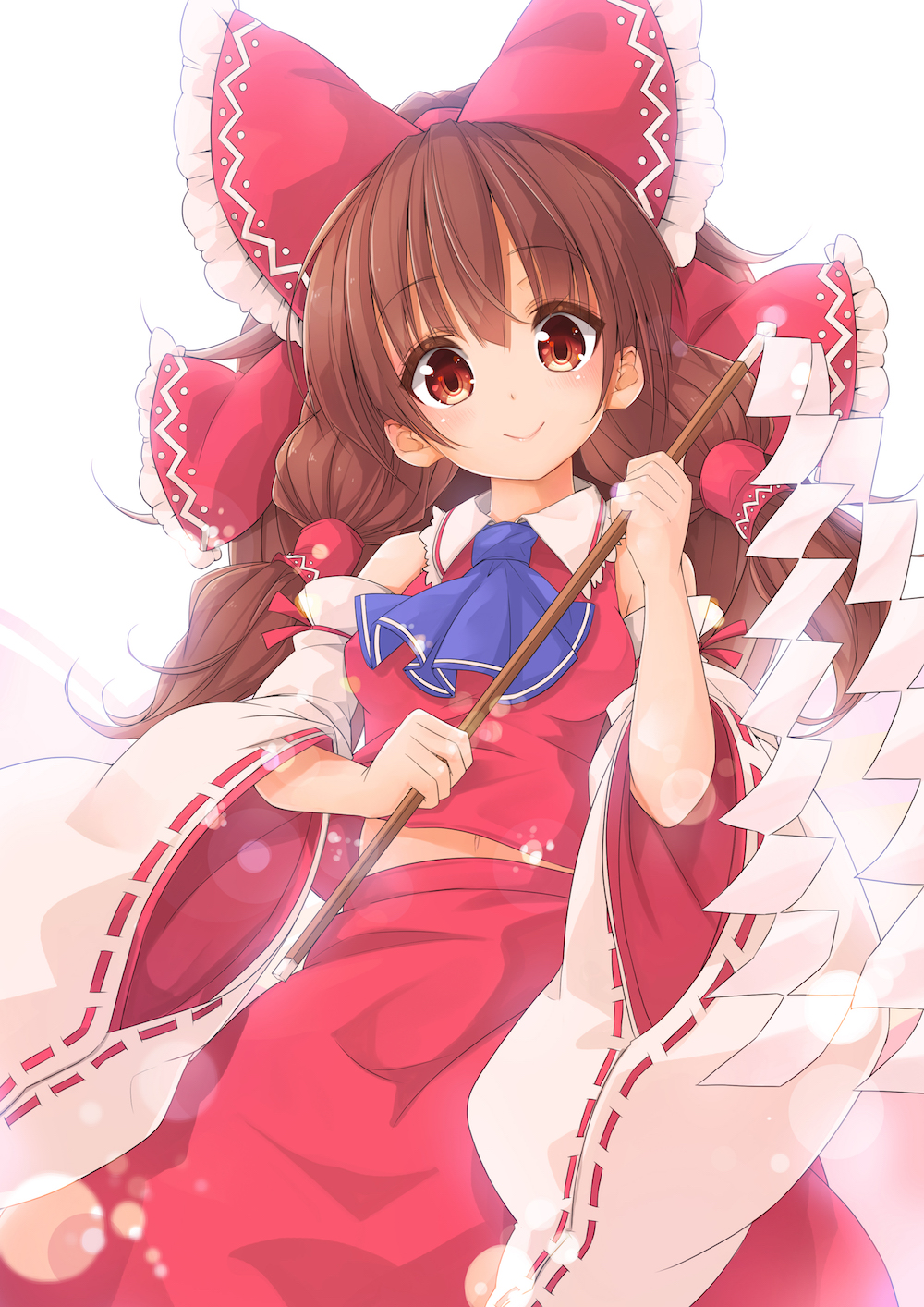1girl ascot bangs blush bow brown_eyes brown_hair closed_mouth detached_sleeves eyebrows eyebrows_visible_through_hair gohei hair_bow hair_tubes hakurei_reimu head_tilt highres holding long_hair looking_at_viewer maru-pen midriff navel red_bow red_skirt ribbon-trimmed_sleeves ribbon_trim shide simple_background skirt skirt_set smile solo touhou twintails white_background wide_sleeves