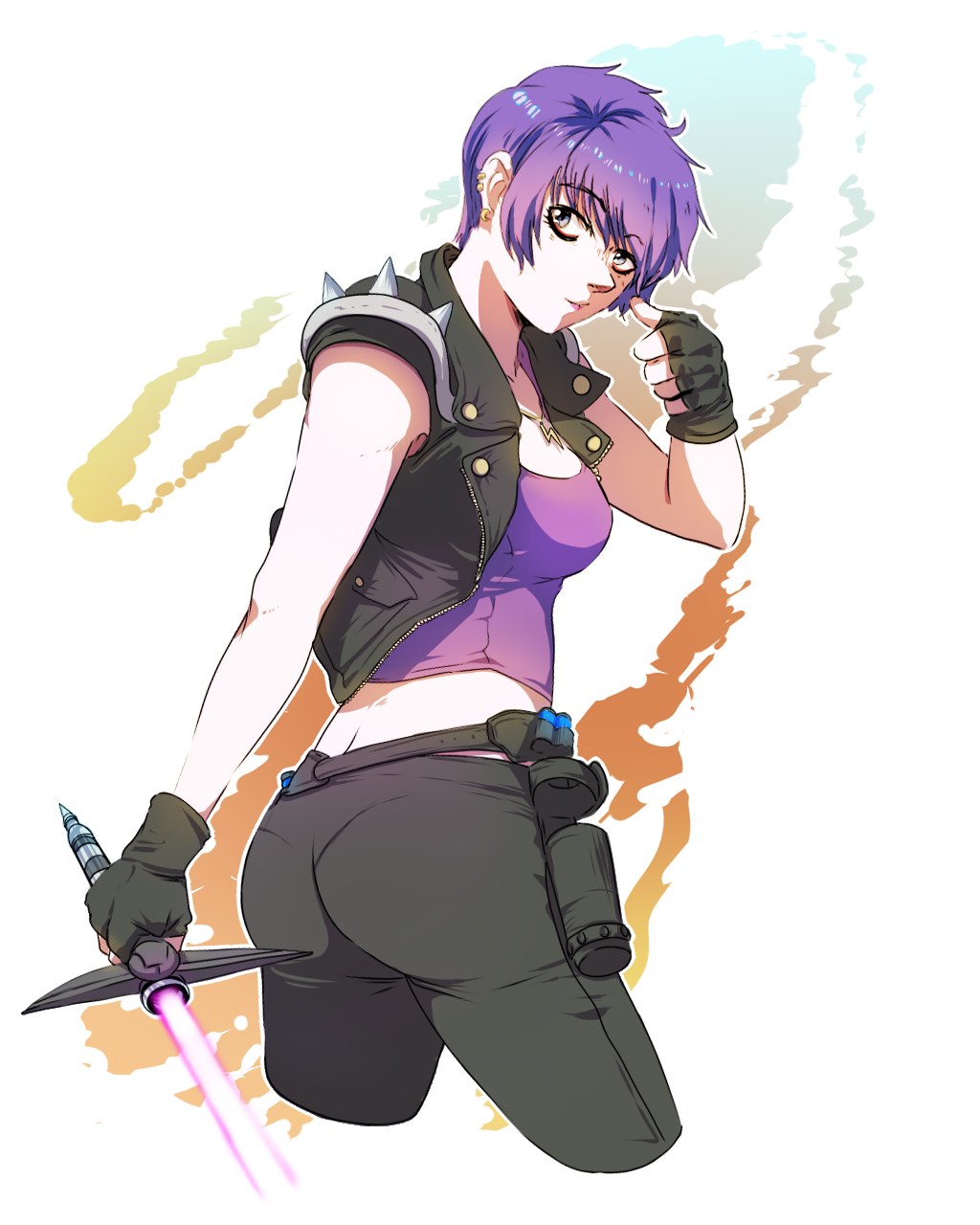 1girl ass cropped_legs earrings energy_sword eyeliner fingerless_gloves from_behind gloves grey_eyes highres holster jacket jcm2 jewelry makeup midriff necklace open_clothes open_jacket original pantylines purple_hair short_hair solo spikes sword turning_head vest weapon