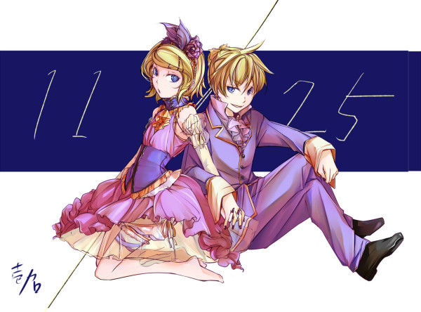 1boy 1girl artist_name blonde_hair blue_eyes brother_and_sister choker colored commentary_request corset cravat dated dress flat_chest flower frilled_dress frills grin hair_flower hair_ornament hair_ribbon hand_holding ichi_ka interlocked_fingers kagamine_len kagamine_rin kneeling ribbon ribbon_choker rose shoes short_hair siblings signature sitting smile twins vest vocaloid