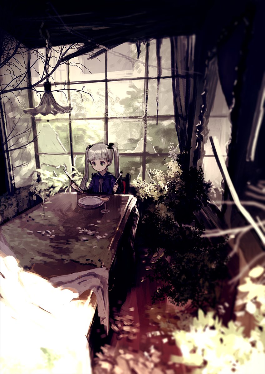1girl bangs black_bow blunt_bangs bow branch chair curtains dress glass grey_eyes hair_bow highres holding holding_fork holding_spoon indoors lamp long_hair mirror original petals plant plate silver_hair sitting solo suzki00 table tree_branch twintails