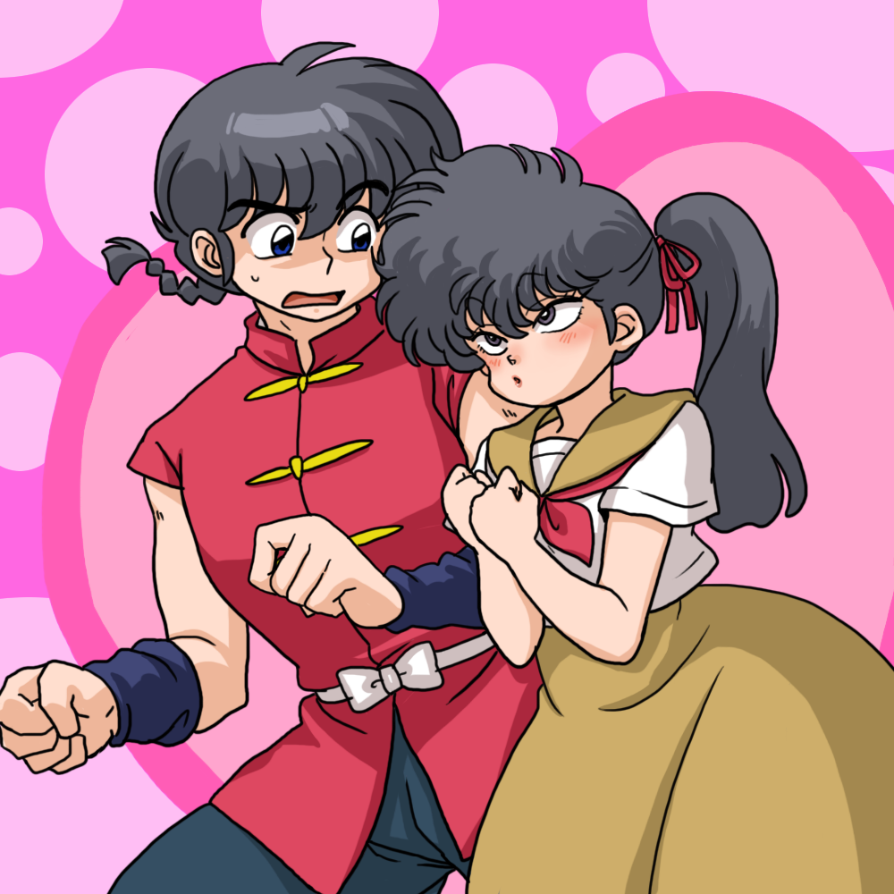 1boy 1girl black_hair blue_eyes blush braid chinese_clothes clenched_hands cowboy_shot grey_eyes kunou_kodachi ponytail ranma_1/2 saotome_ranma school_uniform serafuku single_braid skirt tangzhuang wantan-orz