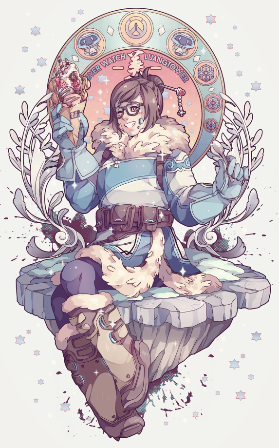 1girl ;d beads belt belt_pouch black-framed_eyewear black-framed_glasses blue_gloves blue_legwear blue_pants boots brown_eyes brown_hair coat drone full_body fur-lined_boots fur-lined_jacket fur_boots fur_coat fur_trim glasses gloves hair_bun hair_ornament hair_stick hairpin mei_(overwatch) one_eye_closed open_mouth overwatch pants parka robot shoes short_hair smile snowball_(overwatch) snowflake_hair_ornament snowflakes solo sparkle spiked_shoes spikes spoon star sweets utility_belt wenny02 winter_clothes winter_coat