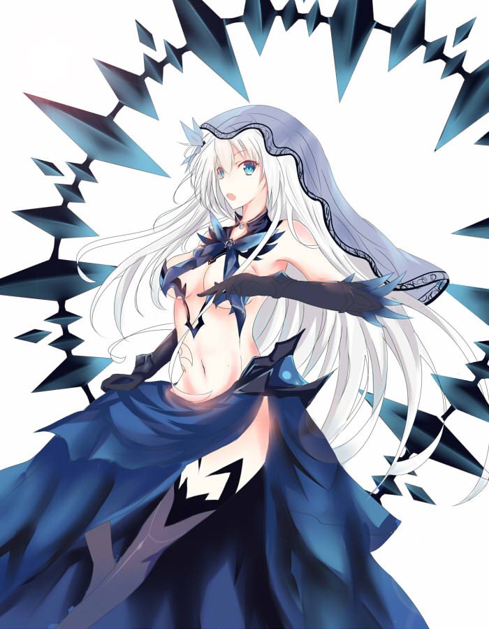 1girl black_gloves black_legwear blue_eyes breasts cleavage date_a_live elbow_gloves gloves hair_ornament long_hair navel open_mouth re:rin see-through sideboob silver_hair simple_background solo thigh-highs tobiichi_origami under_boob white_background