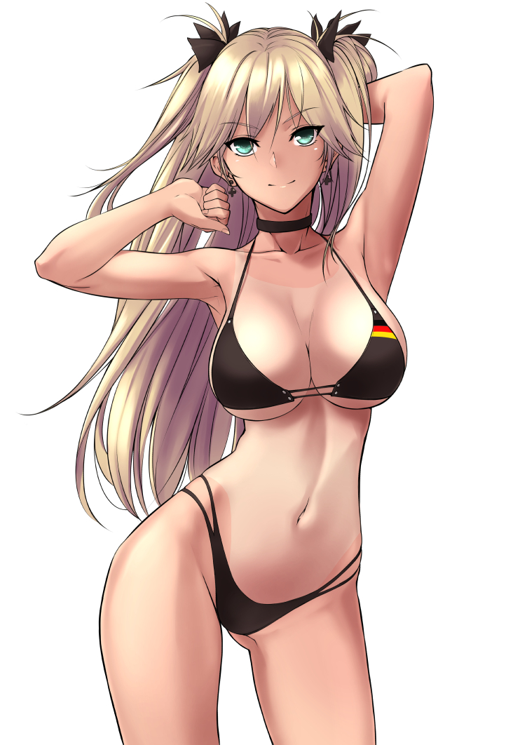 1girl admiral_hipper_(azur_lane) alternate_costume arm_behind_head arm_up armpits azur_lane bangs bikini black_bikini black_ribbon blonde_hair blush breasts choker cleavage clenched_hand closed_mouth collarbone cowboy_shot cross cross_earrings din_(raiden) earrings eyebrows_visible_through_hair flag_print german_flag_bikini gluteal_fold green_eyes groin hair_between_eyes hair_ribbon hand_in_hair highleg highleg_bikini iron_cross jewelry large_breasts long_hair looking_at_viewer navel one-piece_tan ribbon sidelocks simple_background smile solo stomach swimsuit tan tanline tsurime two_side_up white_background