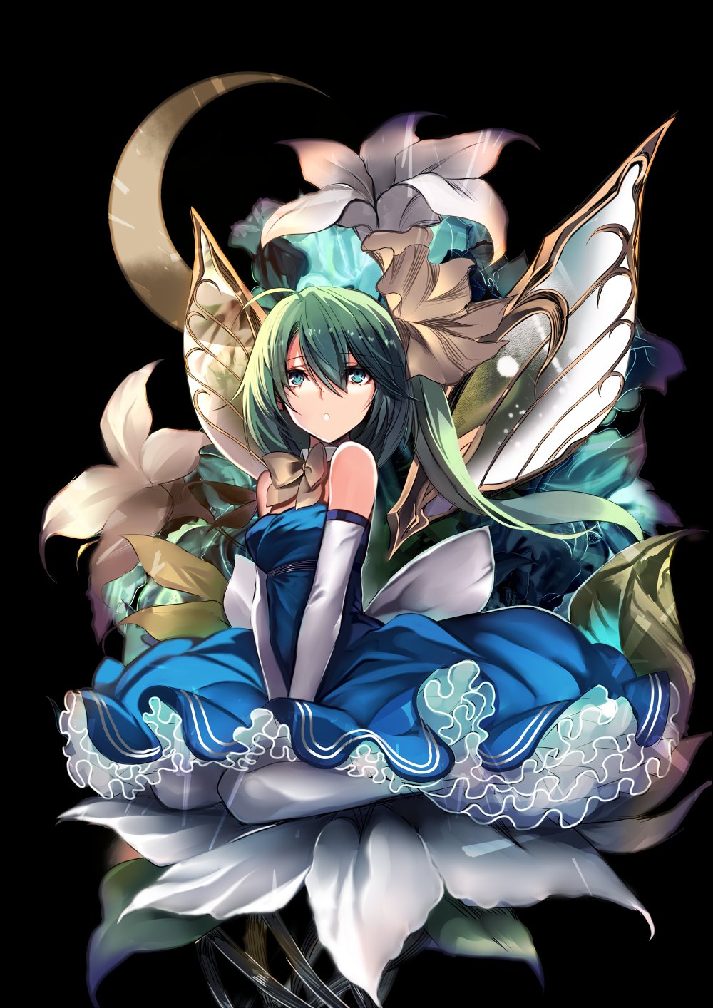 1girl aqua_eyes backlighting black_background blue_dress blue_flower bow breasts chestnut_mouth crescent_moon daiyousei detached_collar dress elbow_gloves fairy_wings flower formal gloves glowing_flower green_hair hair_between_eyes hair_bow hands_on_lap highres karlwolf lily lily_(flower) looking_at_viewer medium_breasts moon petticoat shiny shiny_hair short_hair side_ponytail simple_background sitting sitting_on_flower solo strapless strapless_dress touhou wariza white_gloves wings