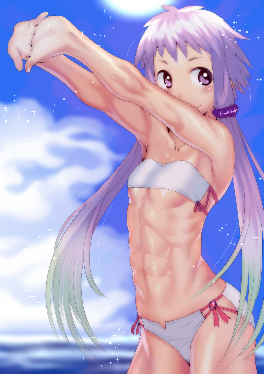 1girl abs bare_arms bare_shoulders bikini blue_sky breasts closed_mouth clouds cowboy_shot day gradient green_hair hair_tie highres long_hair muscle navel outstretched_arms palms purple_hair sky small_breasts smile solo soon standing stomach strapless strapless_bikini stretch sun sunlight swimsuit tareme toned under_boob very_long_hair violet_eyes vocaloid voiceroid white_bikini yuzuki_yukari