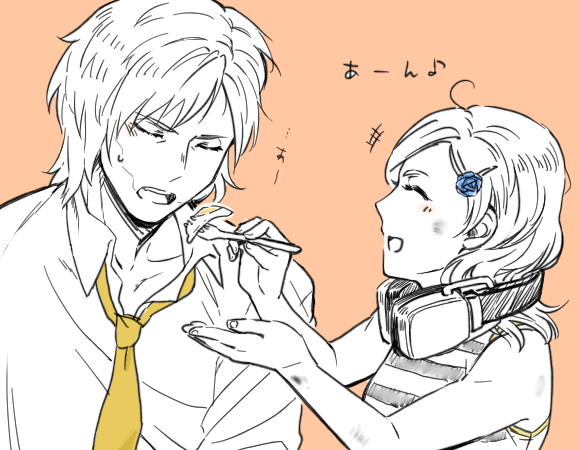 1boy 1girl age_difference androgynous blush closed_eyes collarbone cyborg dirty feeding flower food fork formal hairpin headphones lineart metal_gear_(series) metal_gear_rising:_revengeance moroto necktie open_mouth orange_background raiden shirt simple_background sleeveless sleeveless_shirt smile spot_color striped striped_shirt sunny_gurlukovich sweatdrop teeth upper_body