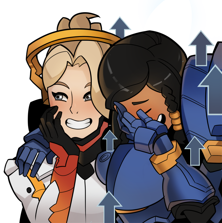 2girls blush closed_eyes covering_face derivative_work directional_arrow grin hand_on_another's_shoulder laughing looking_to_the_side mechanical_halo meme mercy_(overwatch) multiple_girls open_mouth overwatch parody pharah_(overwatch) simple_background smile splashbrush transparent_background upper_body young_women_laughing_in_photo_booth