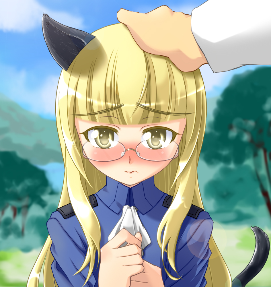 1girl animal_ears blonde_hair blush cat_ears cat_tail glasses hand_on_another's_head long_hair military military_uniform out_of_frame perrine_h_clostermann petting sayu_(mio-mosa) solo_focus strike_witches tail uniform wavy_mouth yellow_eyes