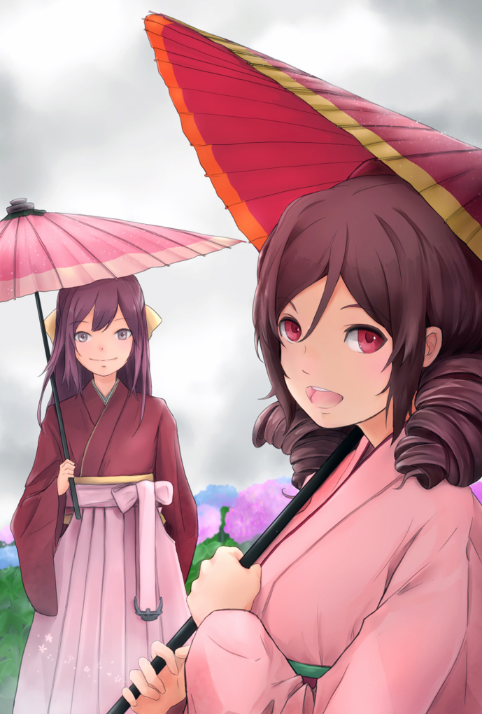 2girls :d brown_hair drill_hair female hakama harukaze_(kantai_collection) japanese_clothes kamikaze_(kantai_collection) kantai_collection kimono long_hair meiji_schoolgirl_uniform multiple_girls museum2088_(shentian) nature obi open_mouth outdoors plant purple_hair red_eyes sash sky smile standing twin_drills umbrella violet_eyes