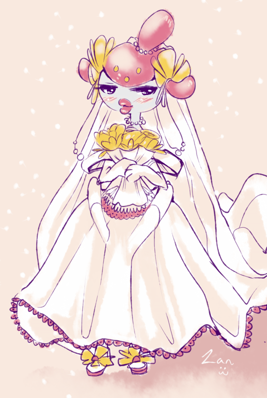 1girl artist_request blue_eyes blush dress lips medicham pokemon thick_lips wedding_dress