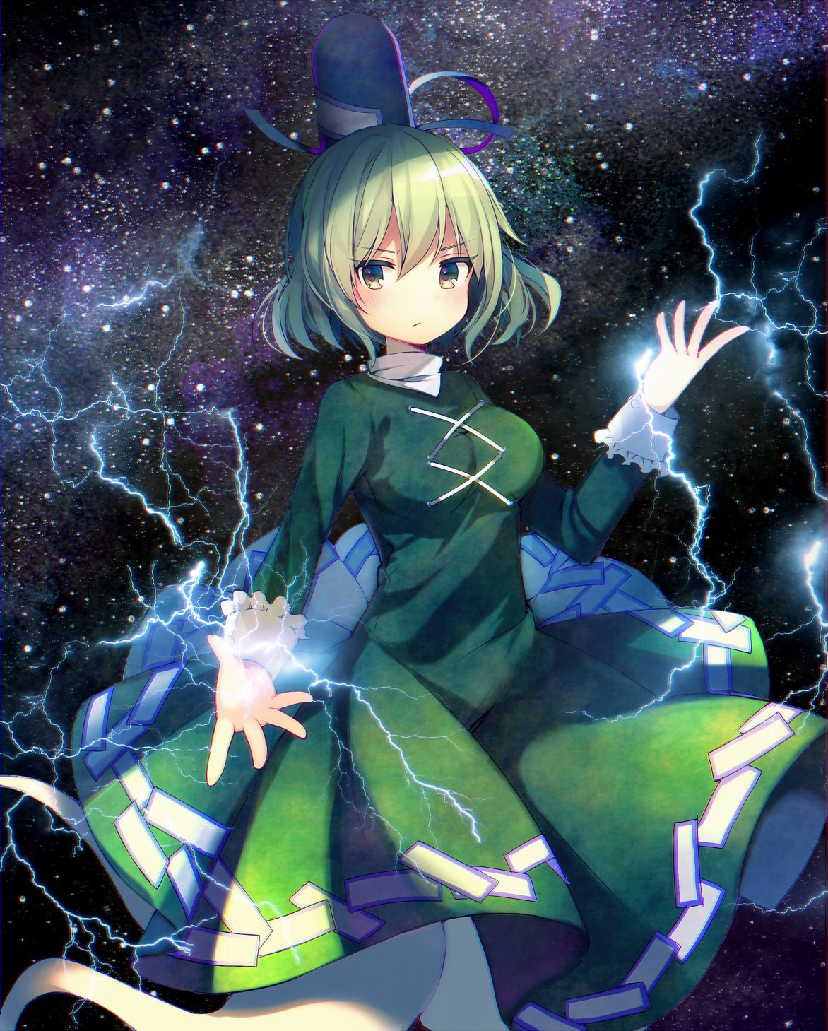 &gt;:( 1girl blush breasts dress electricity ghost_tail green_dress green_eyes green_hair hat highres japanese_clothes koto_seori long_sleeves looking_at_viewer ofuda short_hair sky soga_no_tojiko solo star star_(sky) starry_background starry_sky tate_eboshi touhou