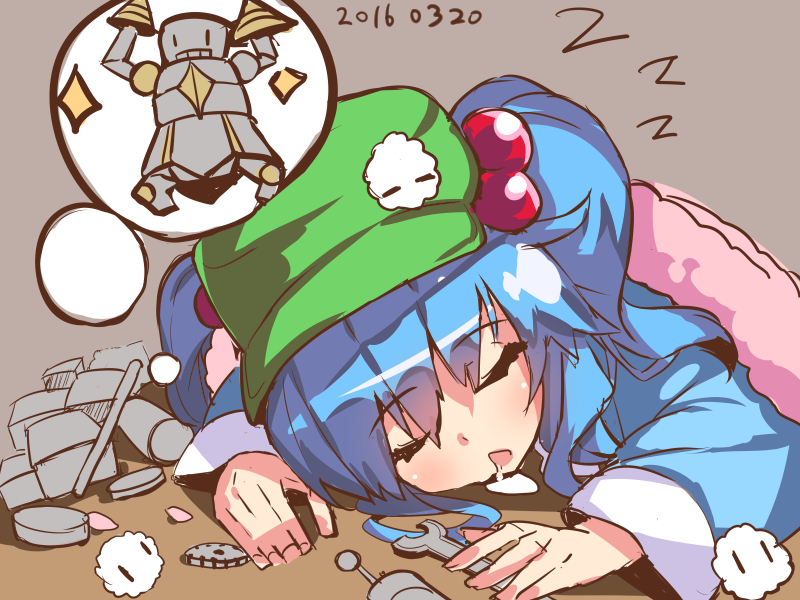 1girl blanket blue_hair closed_eyes dated dreaming drooling green_hat hair_between_eyes hair_bobbles hair_ornament hat imagining kasa_jizou kawashiro_nitori long_sleeves open_mouth short_hair short_twintails sleeping thought_bubble tools touhou twintails two_side_up zzz