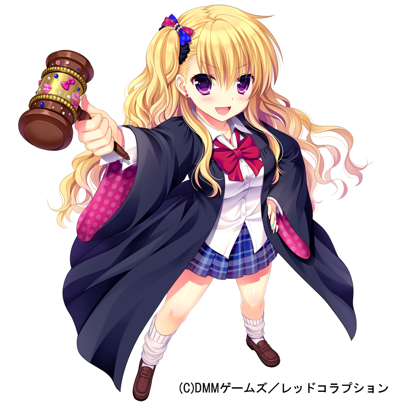 &gt;:d 1girl :d bangs blonde_hair blue_nails blush brown_shoes contrapposto dmm earrings eyebrows eyebrows_visible_through_hair foreshortening full_body gavel hagino_kouta hair_ornament hand_on_hip jewelry long_hair looking_at_viewer loose_socks luise_(red_corruption) nail_polish official_art one_side_up open_mouth plaid plaid_skirt polka_dot red_corruption robe school_uniform shoes skirt smile socks solo standing stud_earrings violet_eyes watermark wavy_hair white_background white_legwear wide_sleeves