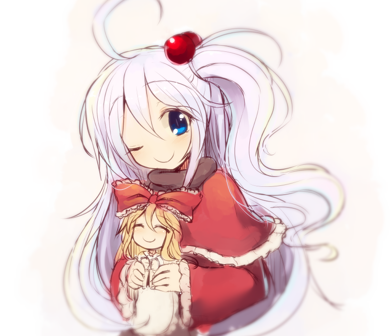 1girl ^_^ blonde_hair blue_eyes capelet closed_eyes hair_bobbles hair_ornament hair_ribbon kuresento long_hair one_eye_closed ribbon shanghai_doll shinki side_ponytail touhou touhou_(pc-98) white_hair