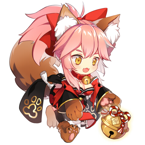 1girl :3 animal_ears bell bell_collar breasts chibi cleavage collar fangs fate/grand_order fate_(series) fox_ears fox_tail hair_ribbon japanese_clothes large_breasts long_hair lowres open_mouth pink_hair ribbon simple_background solo tail tamamo_cat_(fate/grand_order) thigh-highs white_background yellow_eyes youli_(yori)