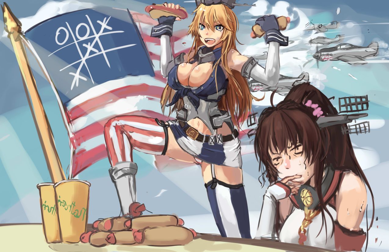 2girls aircraft airplane american_flag arms_up bare_shoulders black_vest blonde_hair blue_eyes blue_sky breasts cleavage closed_eyes clouds day eating elbow_gloves flag gloves headgear hot_dog iowa_(kantai_collection) kantai_collection large_breasts long_hair multiple_girls navel panties_(pantsu-pirate) ponytail shirt sky sleeveless sleeveless_shirt standing star star-shaped_pupils stomach symbol-shaped_pupils table tic-tac-toe very_long_hair white_gloves white_shirt wrist_cuffs yamato_(kantai_collection)