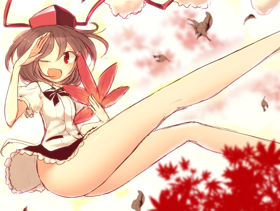 1girl ass autumn_leaves bad_anatomy bad_proportions bare_legs black_hair hat kuresento leaf_fan long_legs miniskirt one_eye_closed open_mouth poorly_drawn red_eyes shameimaru_aya skirt solo thighs tokin_hat touhou wind wind_lift