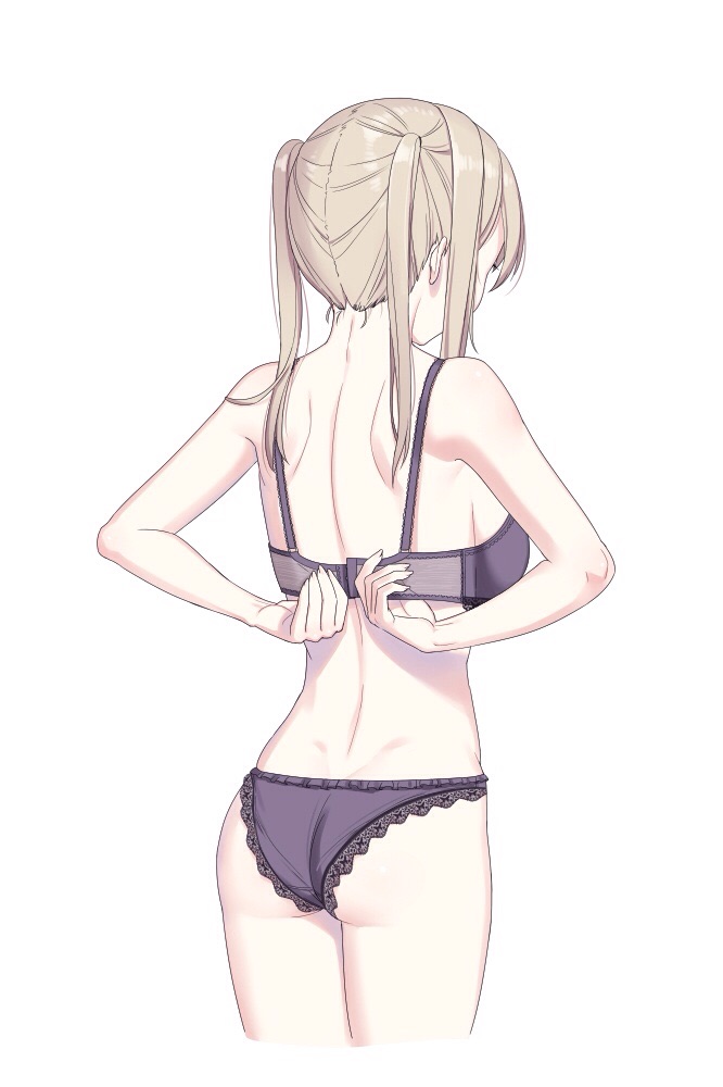 1girl adjusting_bra adjusting_clothes ass back bad_id blonde_hair bra breasts cnm cropped_legs dressing female from_behind graf_zeppelin_(kantai_collection) kantai_collection lace lace-trimmed_bra lace-trimmed_panties long_hair panties purple_bra purple_panties sidelocks simple_background solo standing twintails underwear white_background