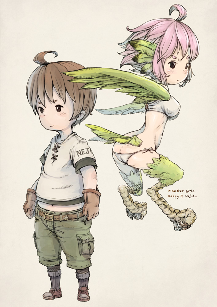 1boy 1girl ass bikini breasts brown_hair butt_crack feathered_wings feathers green_wings hair_between_eyes harpy head_feathers monster_girl nejitsu_(nukomasu) nukomasu original pink_hair shirt short_hair side-tie_bikini swimsuit t-shirt talons wings