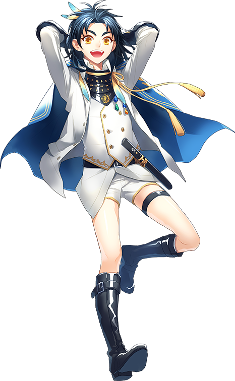 1boy :d armor arms_behind_head blue_hair boots cape feathers full_body hair_feathers japanese_armor male_focus official_art open_mouth personification shorts smile solo sword taikogane_sadamune tantou toichi_(ik07) touken_ranbu waistcoat weapon yellow_eyes