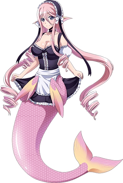 1girl blue_eyes breasts drill_hair long_hair maid maid_headdress maid_outfit mermaid meroune_lorelei monster_girl monster_musume_no_iru_nichijou monster_musume_no_iru_nichijou_online official_art pink_hair solo very_long_hair webbed_hands