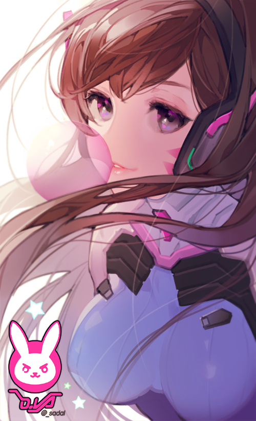 1girl bangs bodysuit breasts brown_hair bubble_blowing bubblegum character_name d.va_(overwatch) facepaint facial_mark gum high_collar lips long_hair long_image looking_at_viewer overwatch pilot_suit pink_lips rabbit solo star stick_poster swept_bangs turtleneck twitter_username upper_body violet_eyes whisker_markings