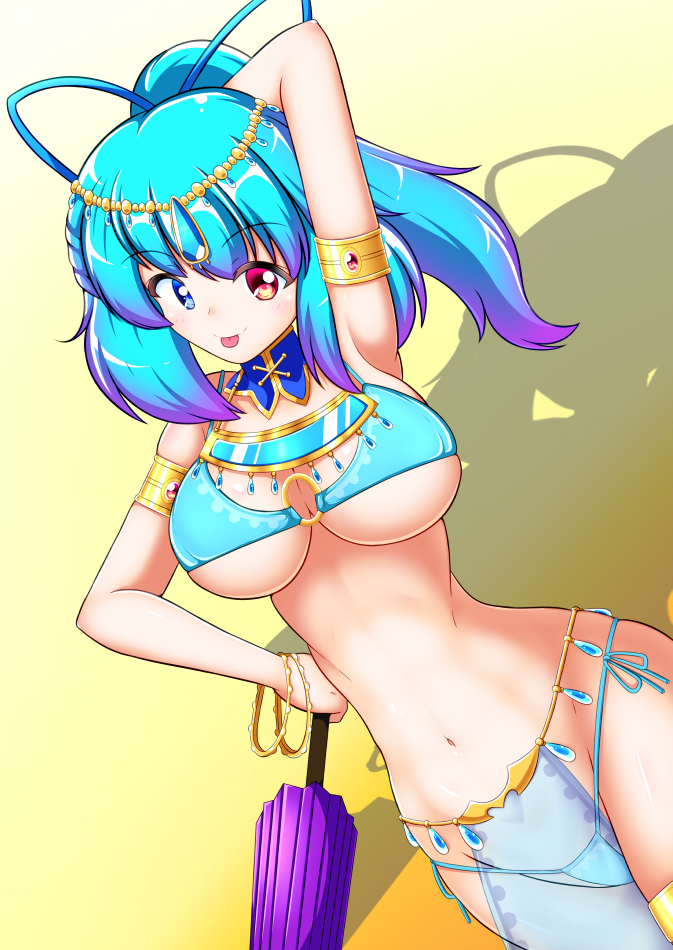 1girl armpits blue_eyes blue_hair bracelet breasts cleavage closed_umbrella commentary_request dancer hand_in_hair harem_outfit heterochromia jewelry kagayama_hajime large_breasts navel pelvic_curtain red_eyes see-through smile solo tatara_kogasa tongue tongue_out touhou umbrella under_boob
