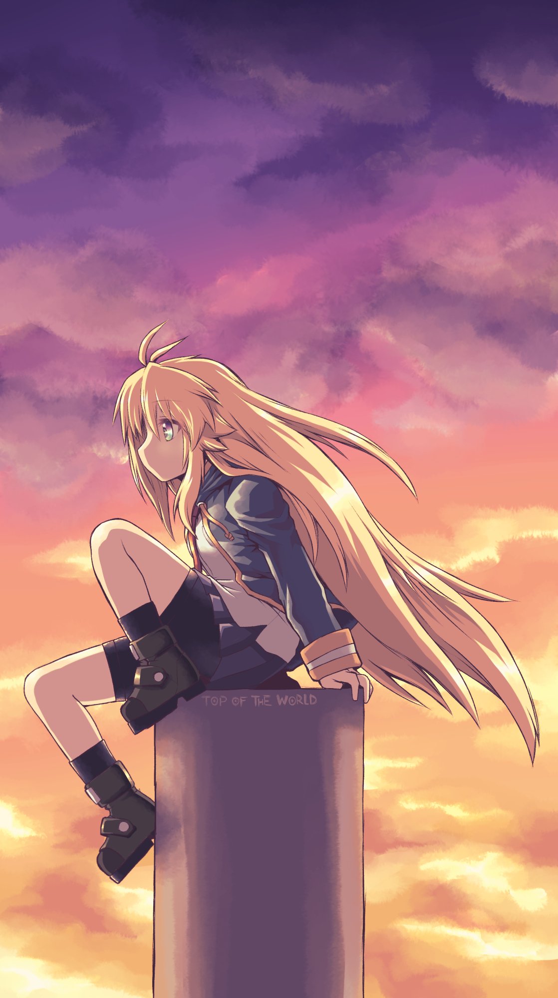 1girl ahoge bike_shorts blonde_hair clouds green_eyes highres jacket koshirae_tsurugi long_hair m.m original red_neckwear shoes shorts shorts_under_skirt sitting solo sunset track_jacket