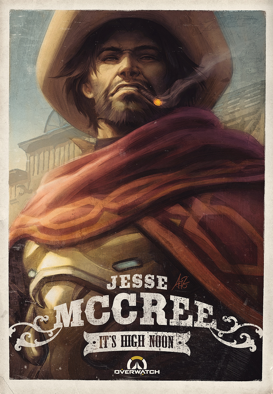 1boy beard cape character_name cigar copyright_name cowboy_hat facial_hair hat highres looking_down male_focus mccree_(overwatch) mustache overwatch poster smoke solo stanley_lau