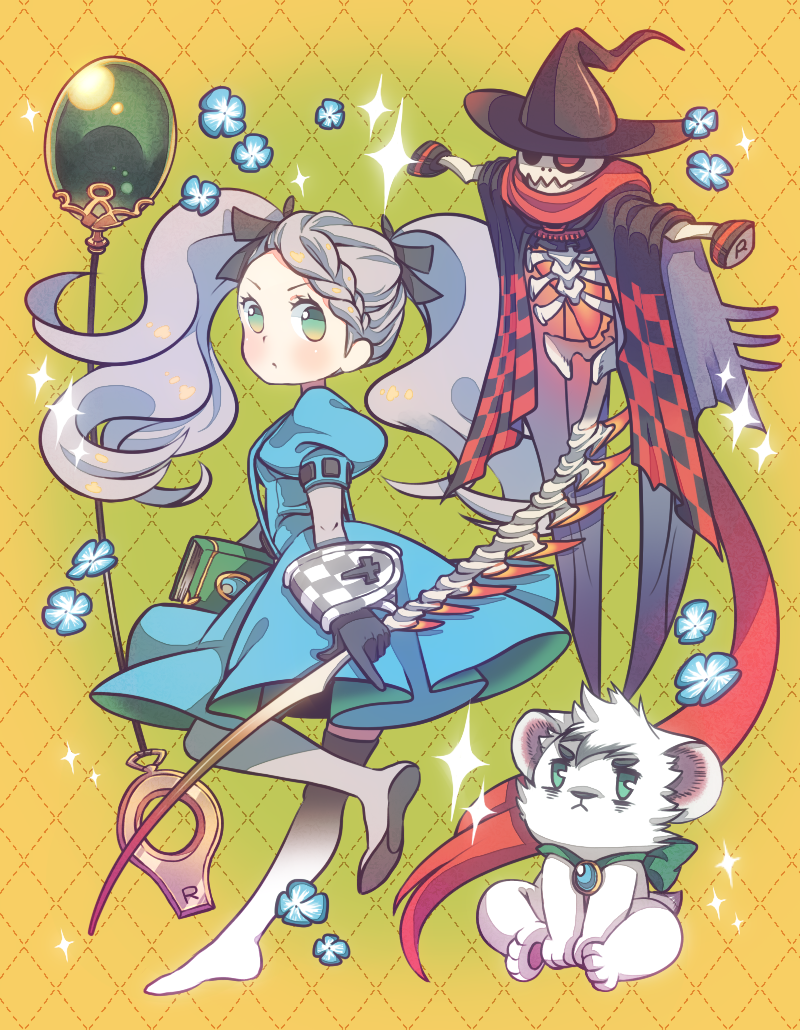 book boots cloak dress flower gloves hair_ribbon hat lion_cub long_boots lucia_(terra_battle) neck_ribbon ribbon skeleton sparkle terra_battle thigh-highs thigh_boots twintails ura_(ergo_ego) witch_hat