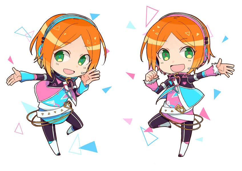 2boys aoi_hinata aoi_yuuta brothers chibi ensemble_stars! fur_trim green_eyes headset idol leg_up male_focus multiple_boys nakasaka_sakana orange_hair siblings smile triangle twins