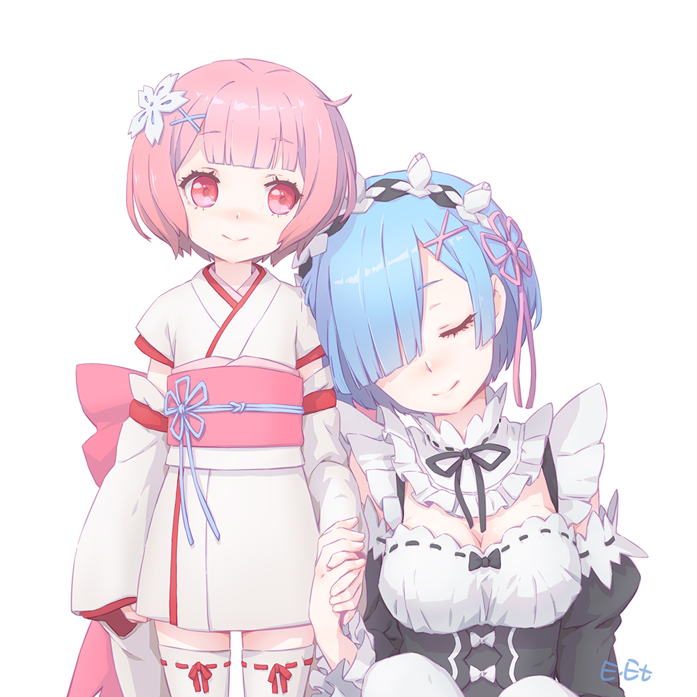2girls :&gt; black_ribbon blue_hair blush breasts cleavage closed_eyes closed_mouth detached_collar detached_sleeves flower hair_flower hair_ornament hair_over_one_eye hand_holding japanese_clothes kimono long_sleeves maid maid_headdress medium_breasts multiple_girls neck_ribbon nose_blush obi pink_eyes pink_hair ram_(re:zero) re:zero_kara_hajimeru_isekai_seikatsu red_ribbon rem_(re:zero) ribbon ribbon-trimmed_clothes ribbon-trimmed_collar ribbon-trimmed_legwear ribbon-trimmed_sleeves ribbon_trim sash shanpao short_hair short_kimono siblings simple_background sisters sitting sleeves_past_wrists smile standing thigh-highs time_paradox twins underbust white_background white_legwear x_hair_ornament younger
