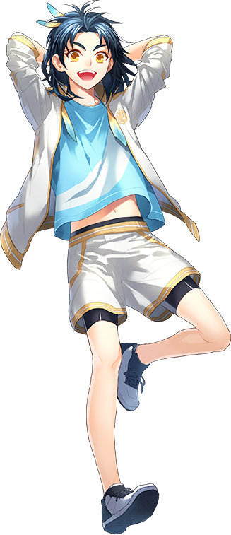 1boy :d alternate_costume arms_behind_head blue_hair feathers full_body hair_feathers jacket male_focus midriff navel official_art open_clothes open_mouth open_track_jacket personification shorts smile solo taikogane_sadamune toichi_(ik07) touken_ranbu track_jacket yellow_eyes