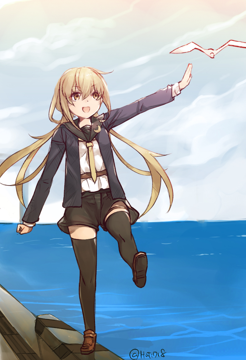 1girl balancing belt bird black_legwear blonde_hair blue_jacket brown_eyes clouds cloudy_sky crescent crescent_moon_pin hachimitsu_(hati718) jacket kantai_collection loafers long_hair necktie ocean open_mouth outstretched_arm satsuki_(kantai_collection) school_uniform seagull serafuku shoes shorts sky solo standing standing_on_one_leg thigh-highs twintails yellow_necktie
