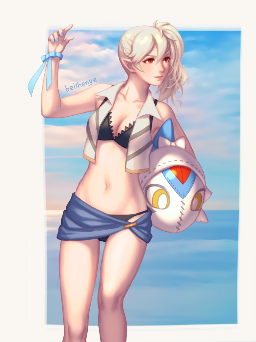 1girl beach bellhenge bikini blue_nails breasts cleavage clouds collarbone cowboy_shot crop_top female_my_unit_(fire_emblem_if) fire_emblem fire_emblem_if highres intelligent_systems lilith_(fire_emblem_if) my_unit_(fire_emblem_if) nail_polish navel nintendo pointy_ears red_eyes side_ponytail silver_hair smile solo stomach super_smash_bros. swimsuit vest