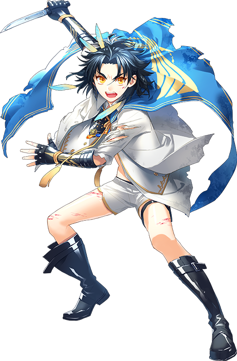 1boy blood blue_hair boots cape feathers full_body hair_feathers injury male_focus official_art open_mouth personification shorts solo sword taikogane_sadamune tantou toichi_(ik07) torn_cape torn_clothes touken_ranbu weapon yellow_eyes
