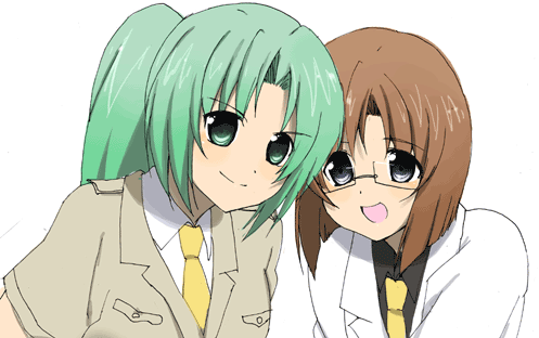 2girls aoi_(dizzy) cosplay glasses green_eyes green_hair higurashi_no_naku_koro_ni irie_kyousuke irie_kyousuke_(cosplay) labcoat looking_at_viewer lowres multiple_girls necktie okonogi_tetsurou okonogi_tetsurou_(cosplay) open_mouth ponytail ryuuguu_rena short_hair smile sonozaki_mion