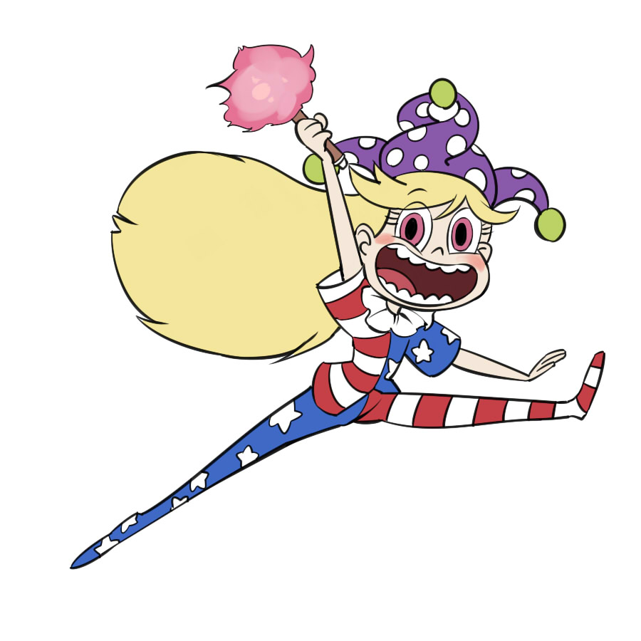 1girl :d blonde_hair clownpiece collar crossover frilled_collar frills full_body hat jester_cap jumping leggings long_hair official_style open_mouth parody pink_eyes polka_dot ruukii_drift smile solo star star_butterfly star_print star_vs_the_forces_of_evil touhou