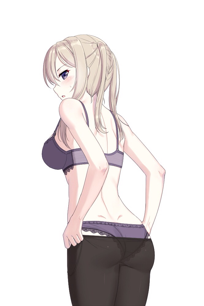 1girl ass bad_id black_legwear blonde_hair blush bra breasts cnm dressing female from_behind graf_zeppelin_(kantai_collection) kantai_collection lace lace-trimmed_bra lace-trimmed_panties long_hair looking_at_viewer looking_back panties pantyhose purple_bra purple_panties sidelocks simple_background solo standing sweatdrop twintails underwear violet_eyes white_background